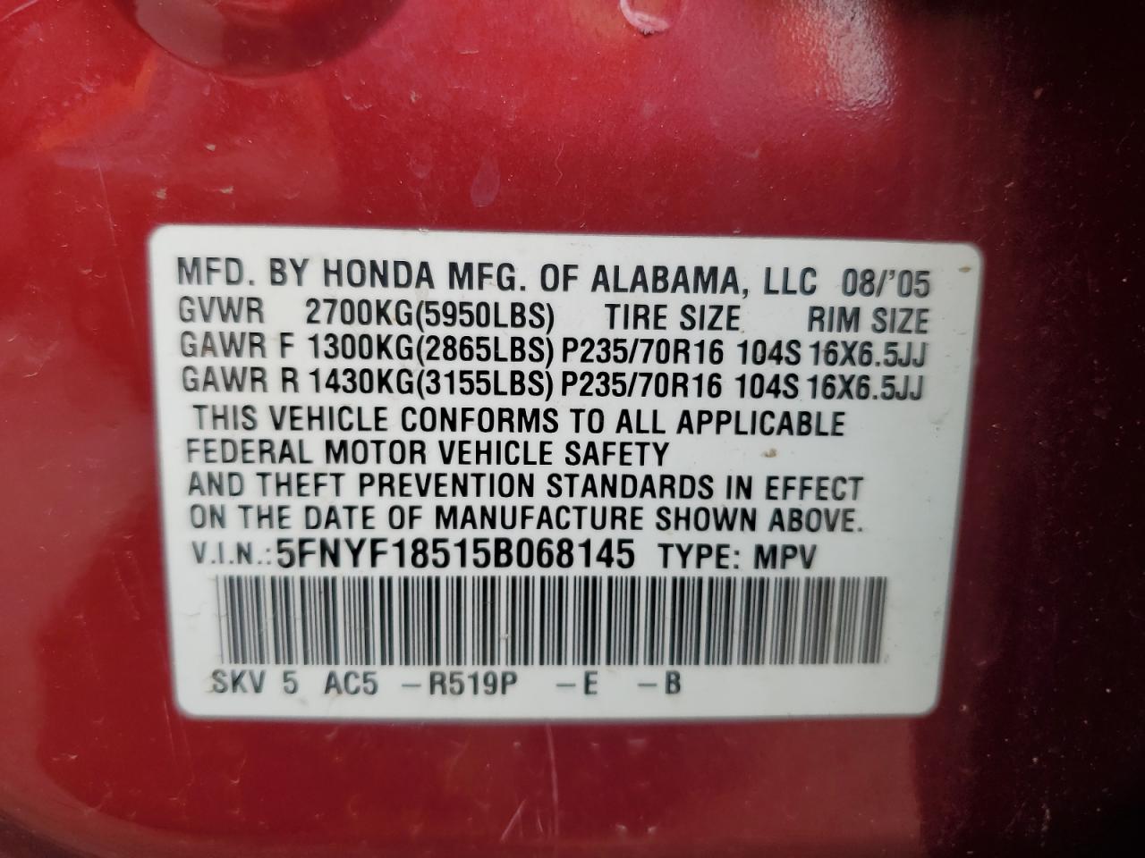 2005 Honda Pilot Exl VIN: 5FNYF18515B068145 Lot: 63313465
