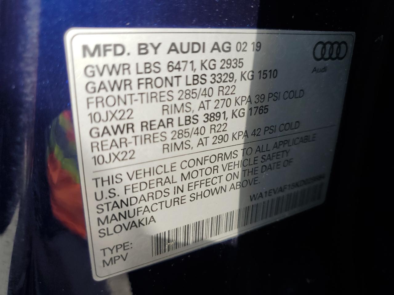 2019 Audi Q8 Premium Plus S-Line VIN: WA1EVAF15KD029884 Lot: 61845905