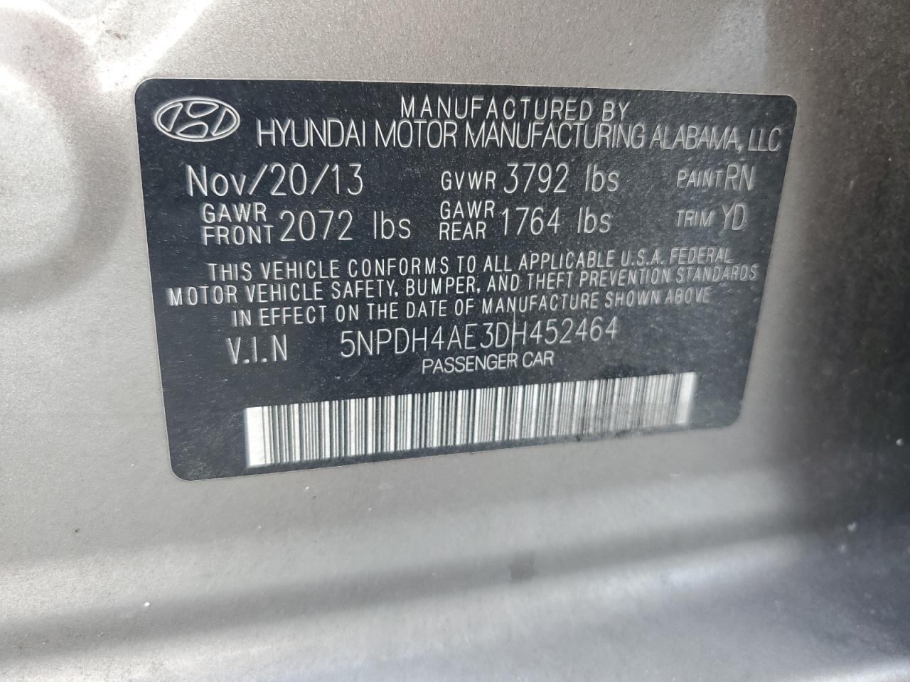2013 Hyundai Elantra Gls VIN: 5NPDH4AE3DH452464 Lot: 64835645
