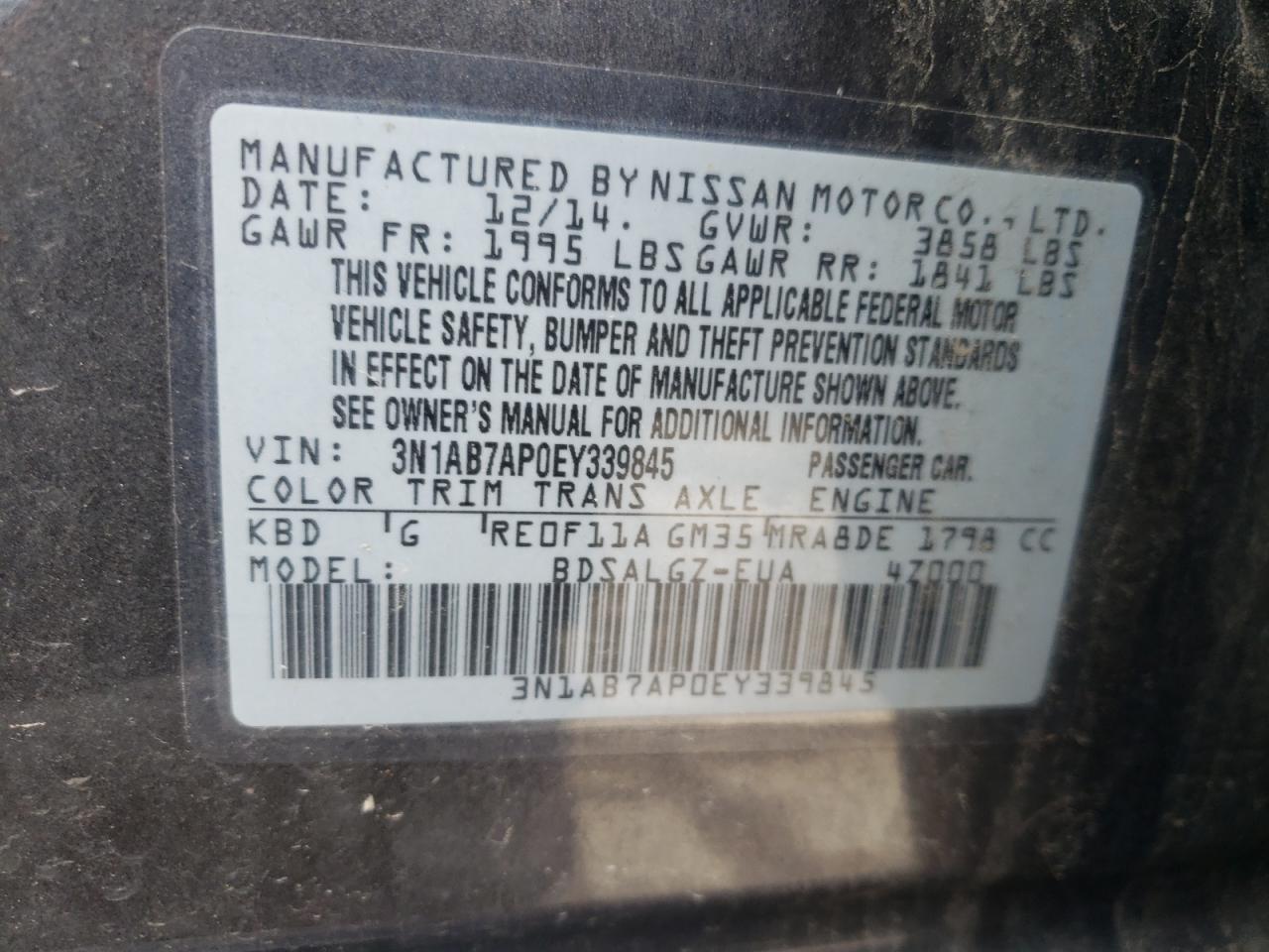 2014 Nissan Sentra S VIN: 3N1AB7AP0EY339845 Lot: 64552005