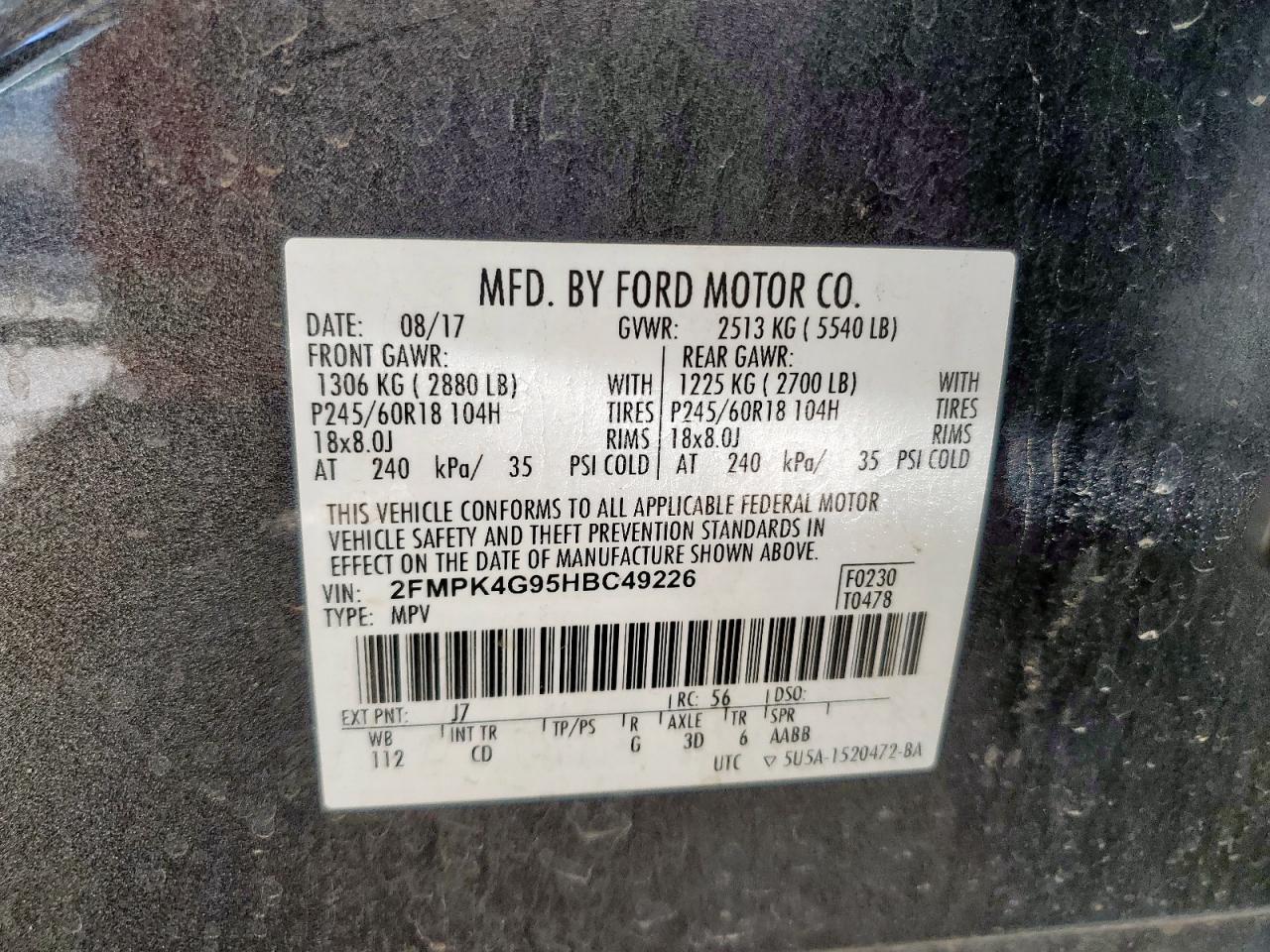2017 Ford Edge Se VIN: 2FMPK4G95HBC49226 Lot: 67100325