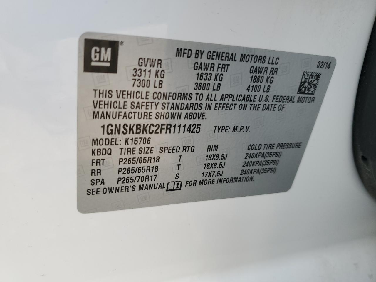 2015 Chevrolet Tahoe K1500 Lt VIN: 1GNSKBKC2FR111425 Lot: 64677455