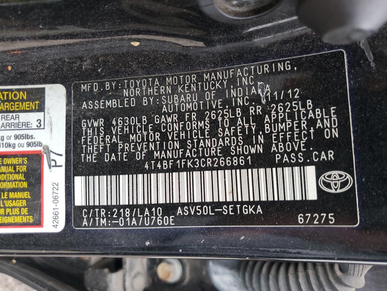 2012 Toyota Camry Base VIN: 4T4BF1FK3CR266861 Lot: 64783585