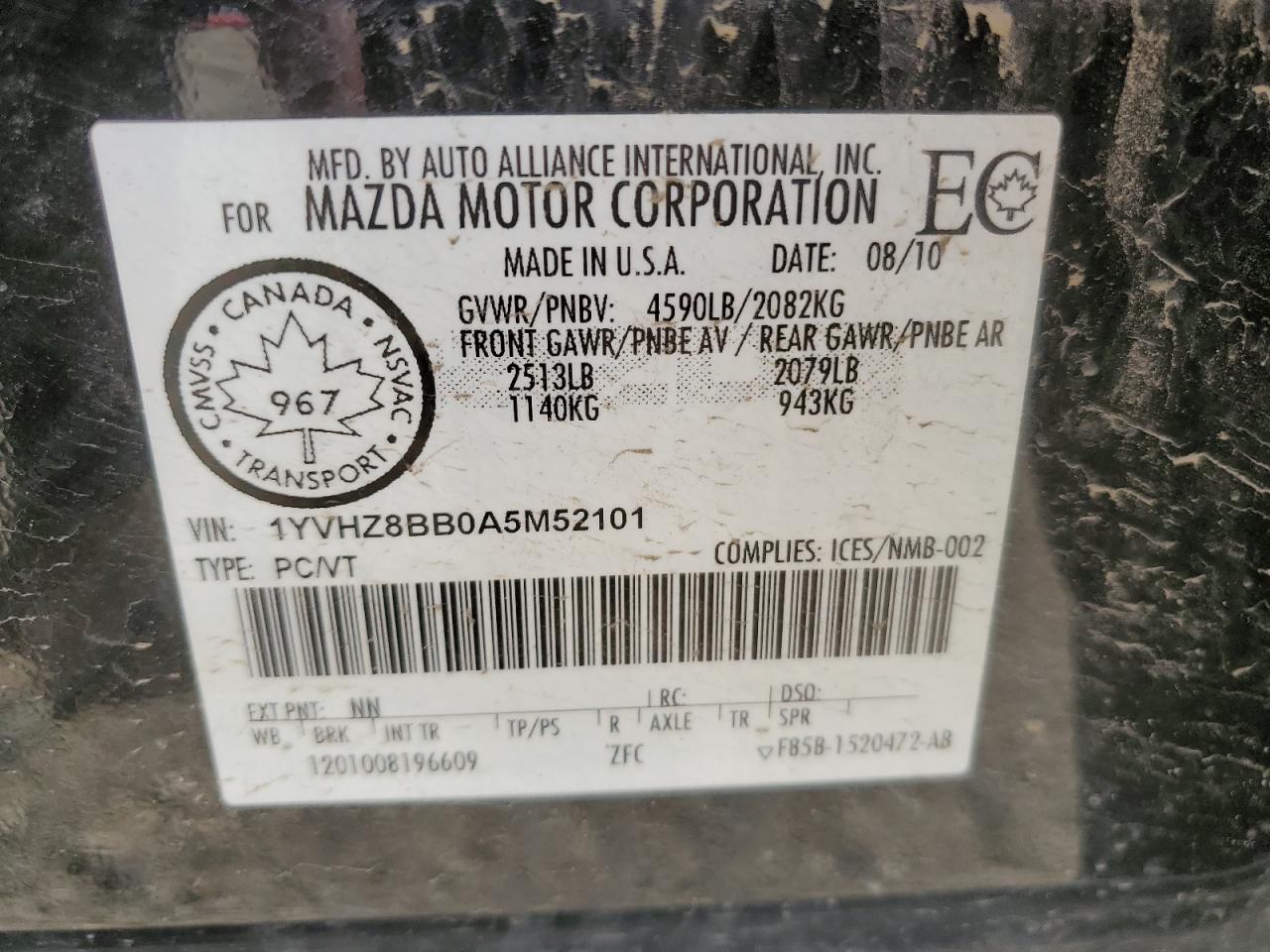 2010 Mazda 6 S VIN: 1YVHZ8BB0A5M52101 Lot: 65766785