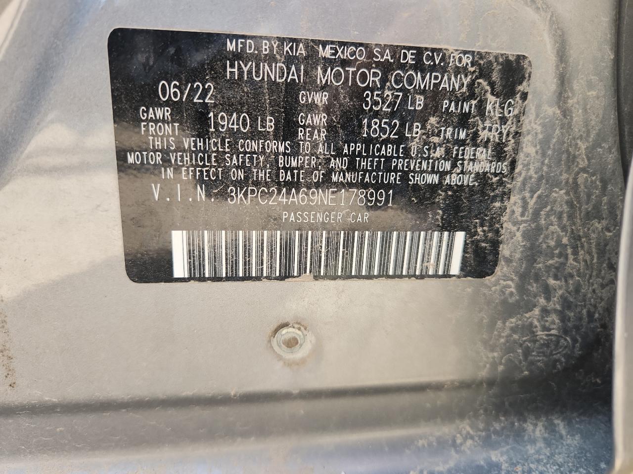 2022 Hyundai Accent Se VIN: 3KPC24A69NE178991 Lot: 63338385