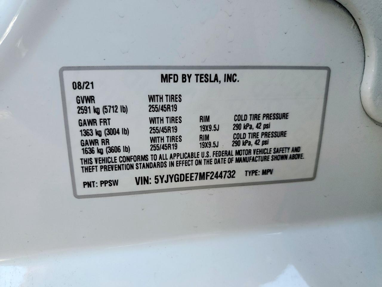 2021 Tesla Model Y VIN: 5YJYGDEE7MF244732 Lot: 65264895