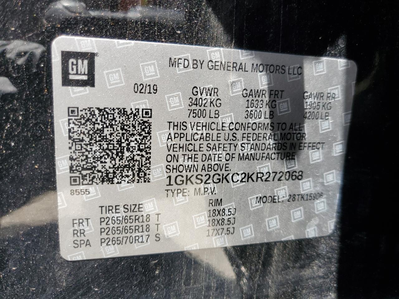 2019 GMC Yukon Xl K1500 Slt VIN: 1GKS2GKC2KR272068 Lot: 63870245