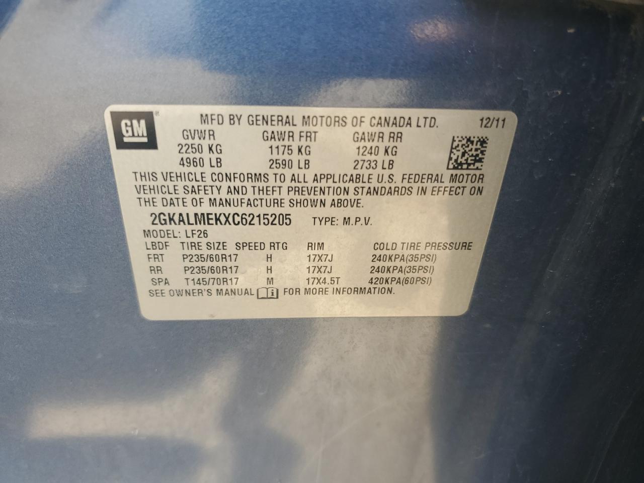 2012 GMC Terrain Sle VIN: 2GKALMEKXC6215205 Lot: 65529035