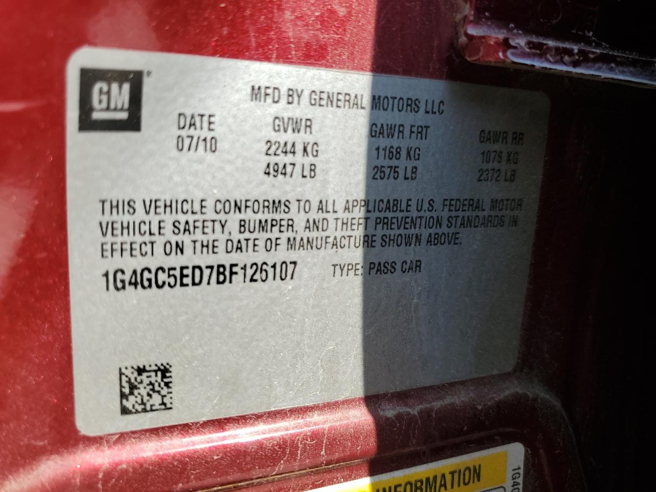 2011 Buick Lacrosse Cxl VIN: 1G4GC5ED7BF126107 Lot: 62992795
