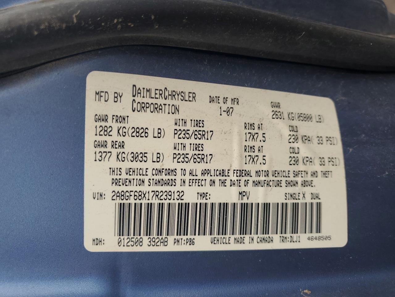2a8gf68x17r239132 2A8GF68X17R239132 2007 Chrysler Pacifica Touring