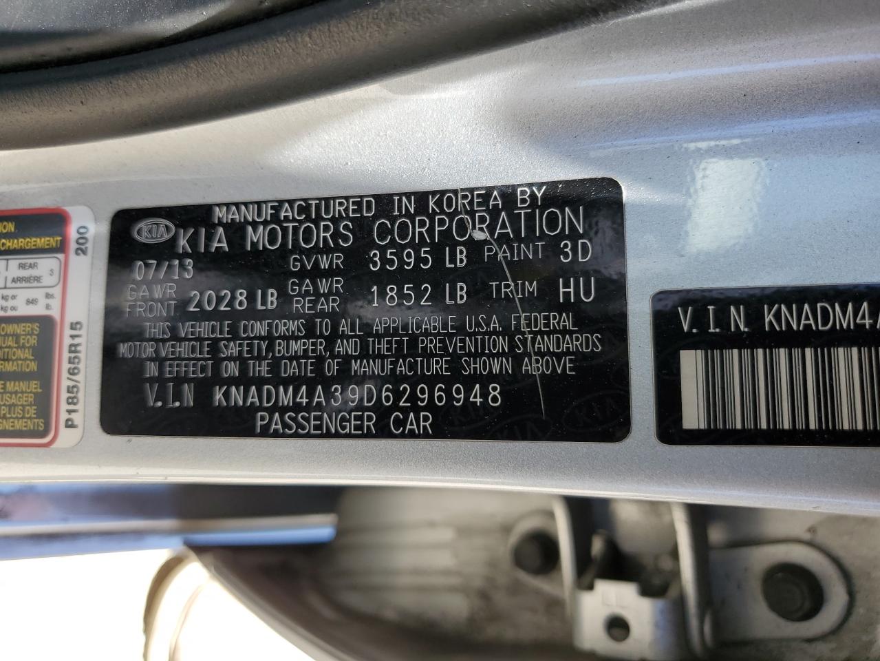 2013 Kia Rio Lx VIN: KNADM4A39D6296948 Lot: 63625015
