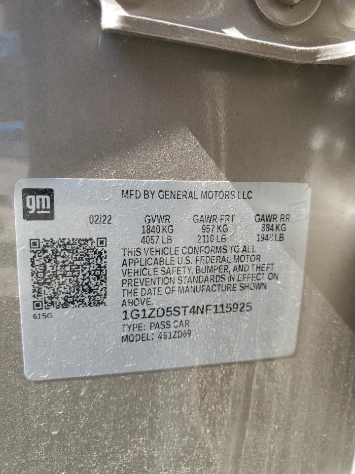 2022 Chevrolet Malibu Lt VIN: 1G1ZD5ST4NF115925 Lot: 65222645