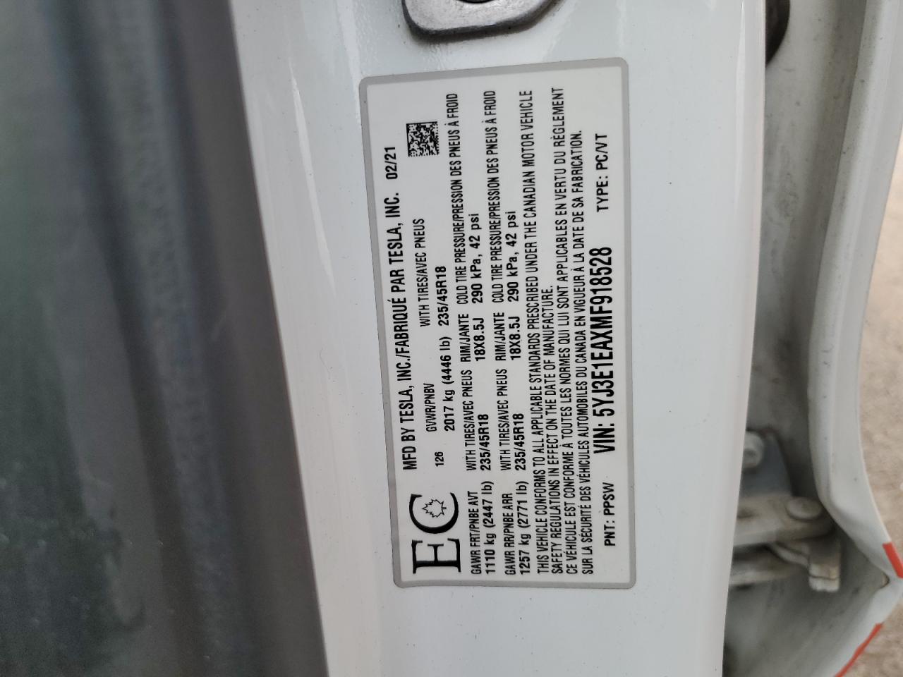 2021 Tesla Model 3 VIN: 5YJ3E1EAXMF918528 Lot: 64302165