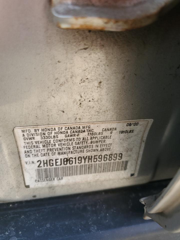 2000 Honda Civic Base VIN: 2HGEJ6619YH596899 Lot: 66218285