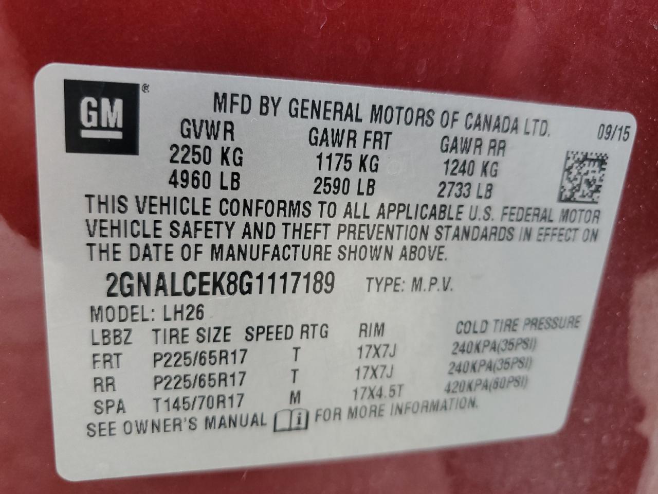 2016 Chevrolet Equinox Lt VIN: 2GNALCEK8G1117189 Lot: 64124485