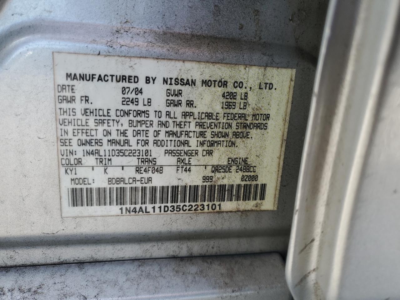 2005 Nissan Altima S VIN: 1N4AL11D35C223101 Lot: 64677505