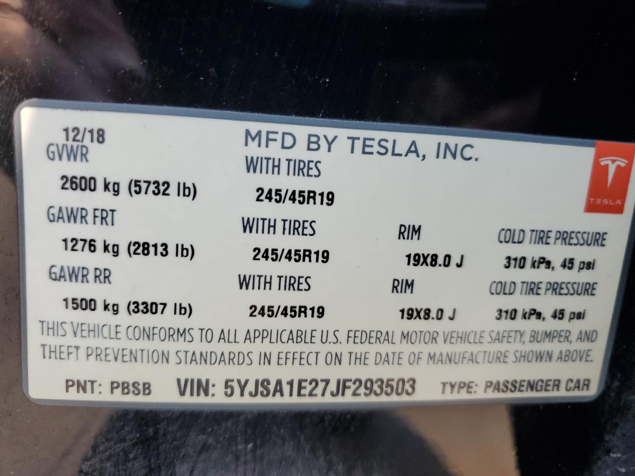 2018 Tesla Model S VIN: 5YJSA1E27JF293503 Lot: 66567965