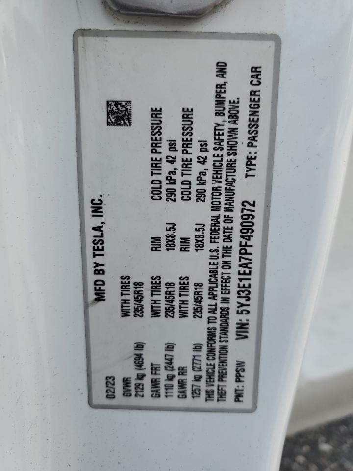 2023 Tesla Model 3 VIN: 5YJ3E1EA7PF490972 Lot: 64950565