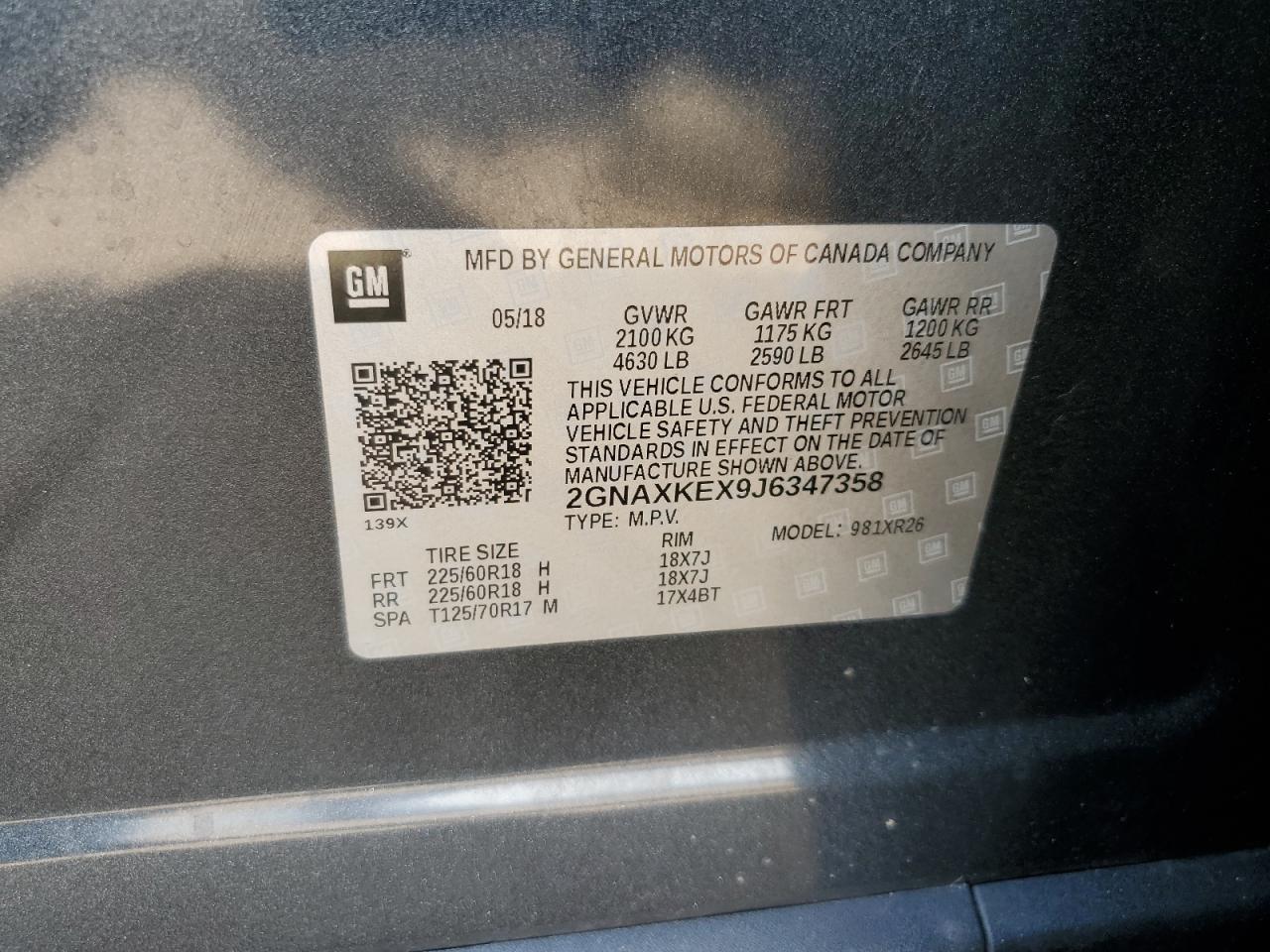 2018 Chevrolet Equinox Lt VIN: 2GNAXKEX9J6347358 Lot: 65282795