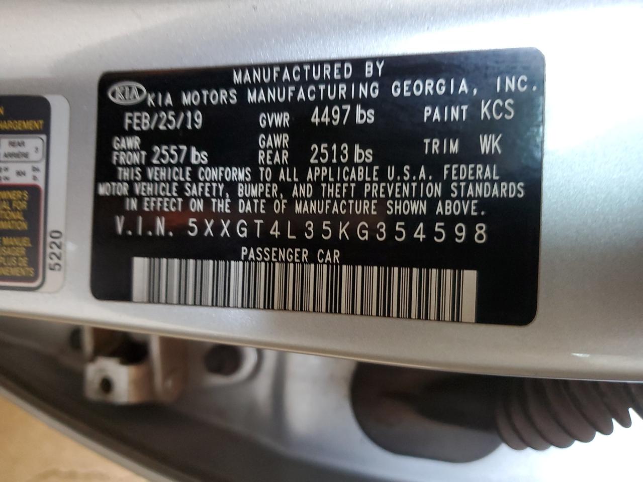 2019 Kia Optima Lx VIN: 5XXGT4L35KG354598 Lot: 65541495