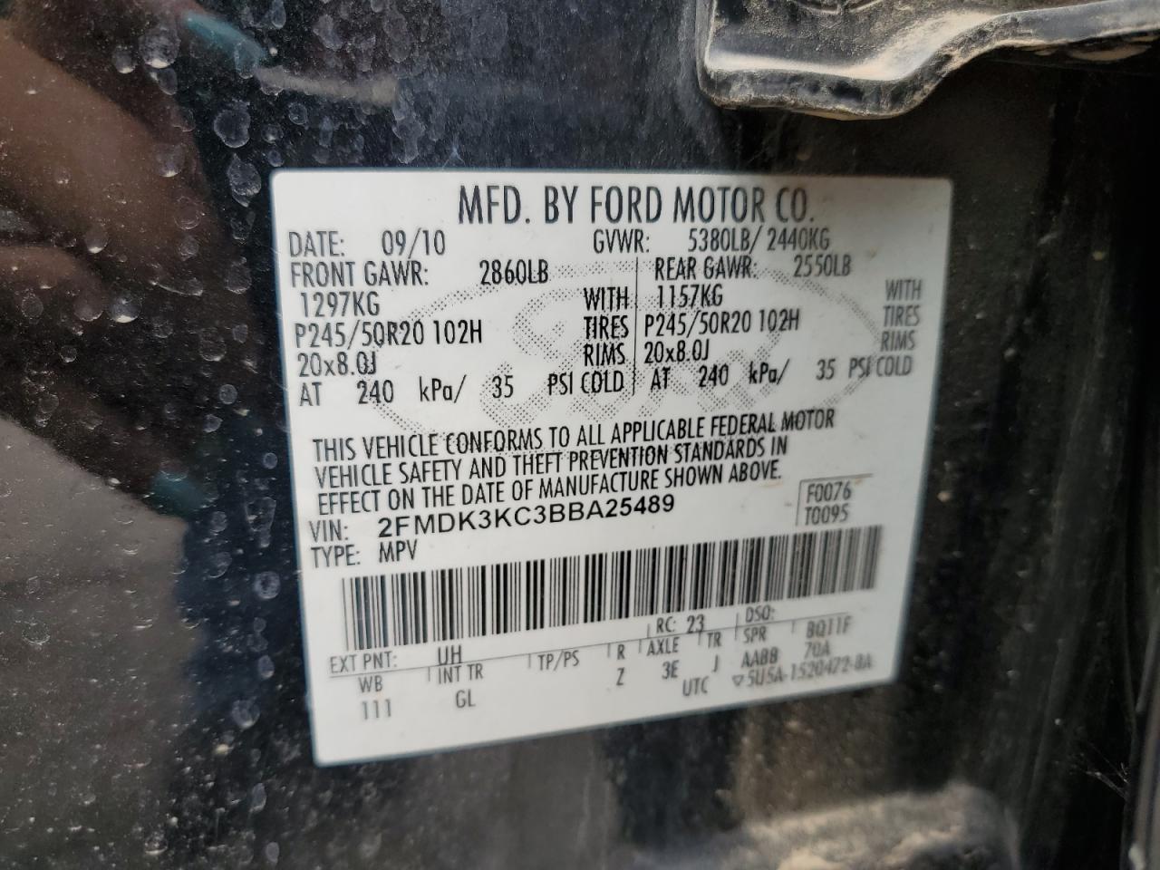 2011 Ford Edge Limited VIN: 2FMDK3KC3BBA25489 Lot: 66676865