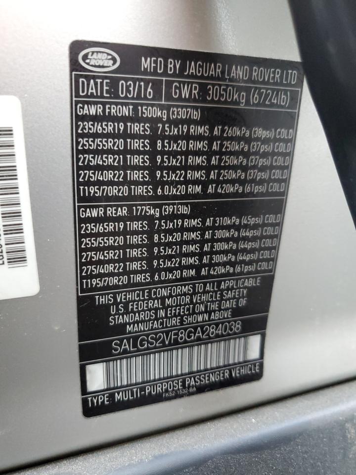 2016 Land Rover Range Rover Hse VIN: SALGS2VF8GA284038 Lot: 62851435