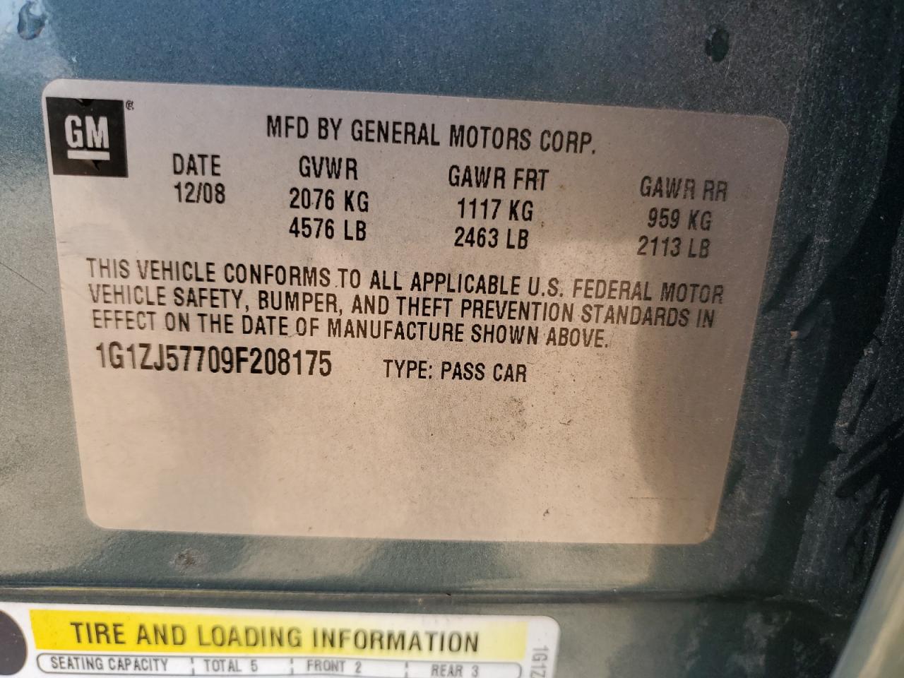2009 Chevrolet Malibu 2Lt VIN: 1G1ZJ57709F208175 Lot: 66106555