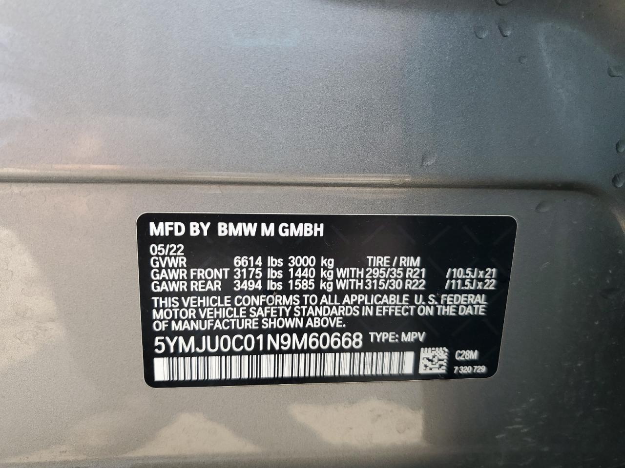 2022 BMW X5 M VIN: 5YMJU0C01N9M60668 Lot: 64437665