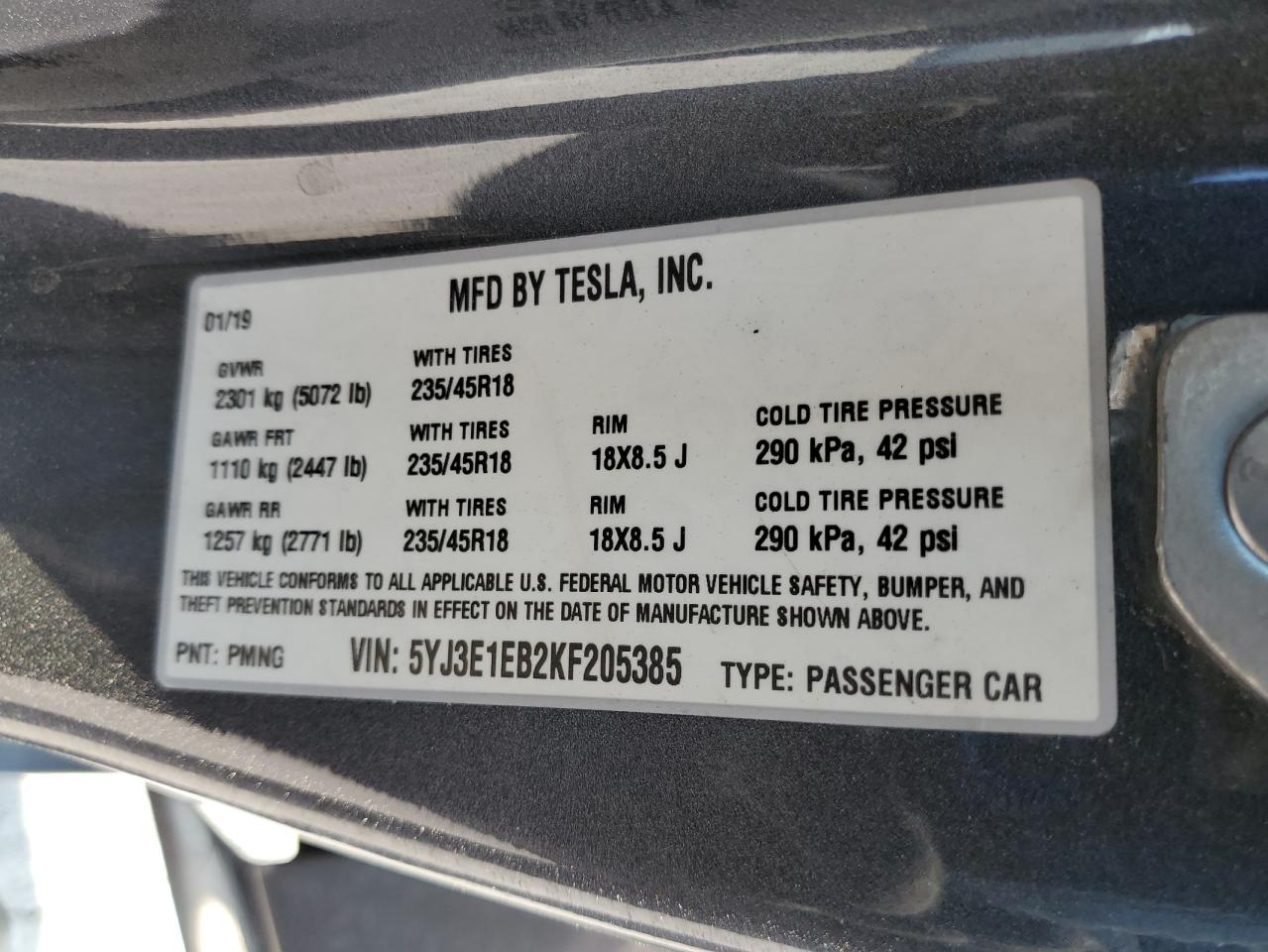 2019 Tesla Model 3 VIN: 5YJ3E1EB2KF205385 Lot: 64215945