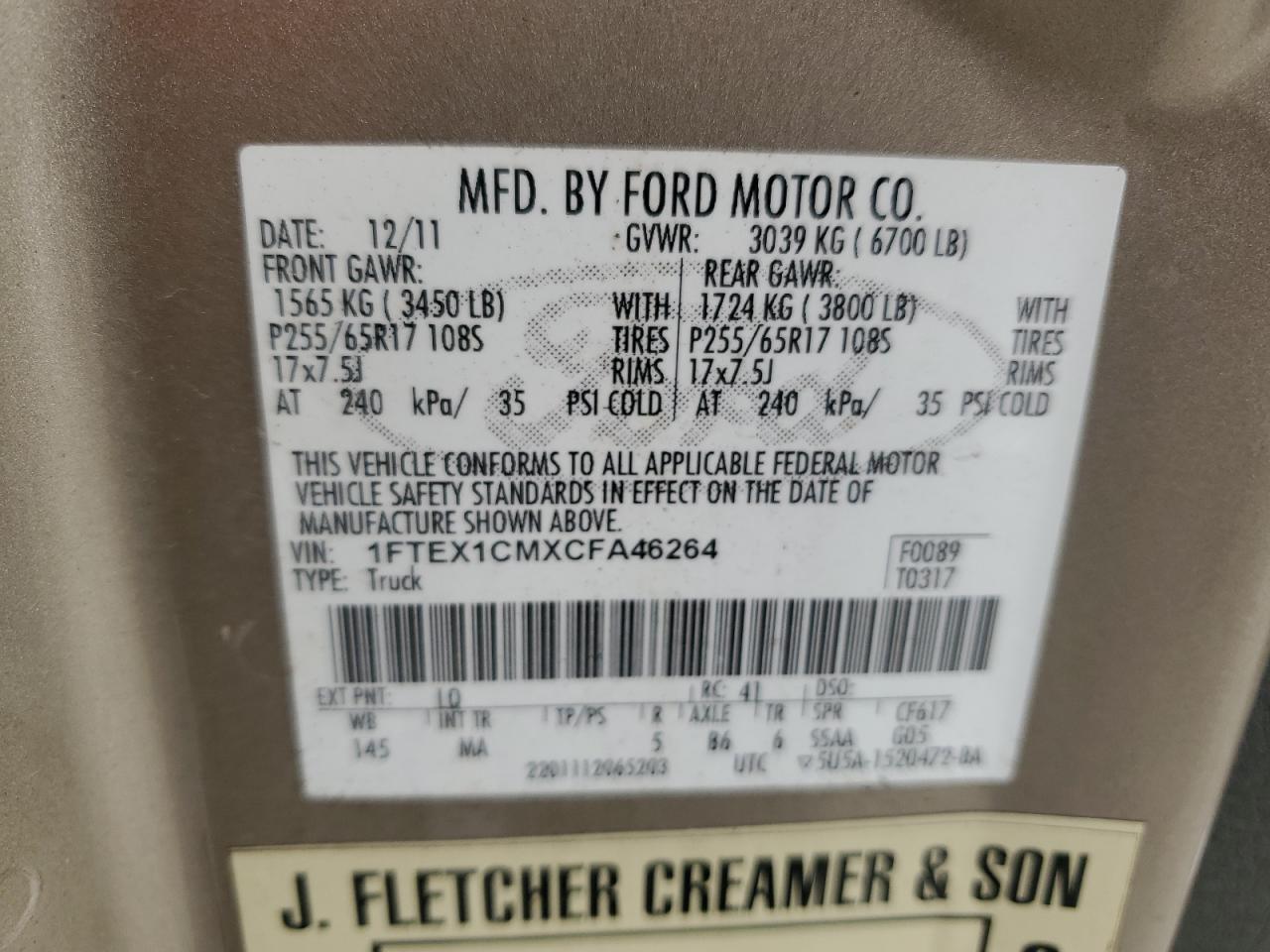 2012 Ford F150 Super Cab VIN: 1FTEX1CMXCFA46264 Lot: 64858955