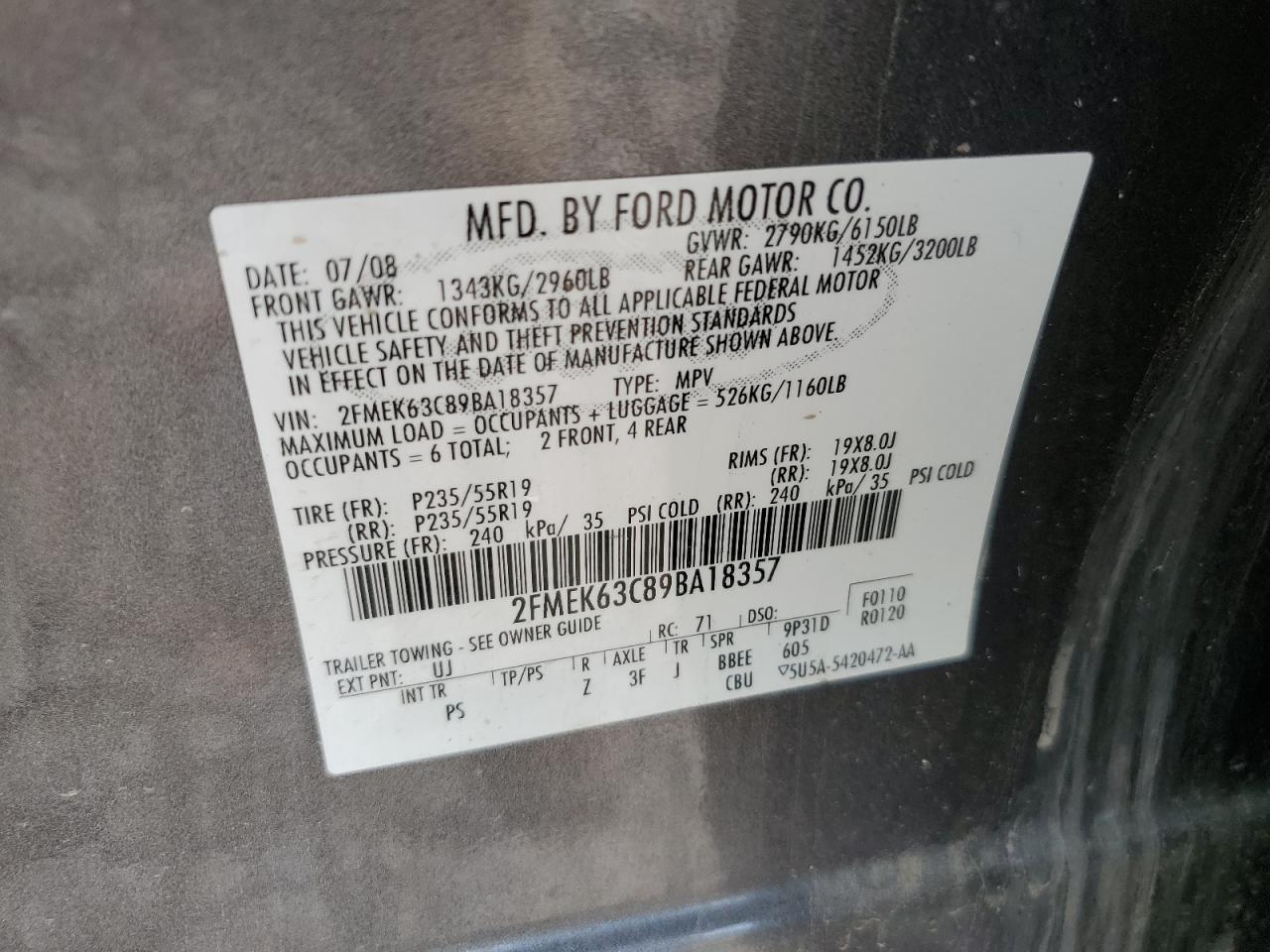 2009 Ford Flex Limited VIN: 2FMEK63C89BA18357 Lot: 63522445