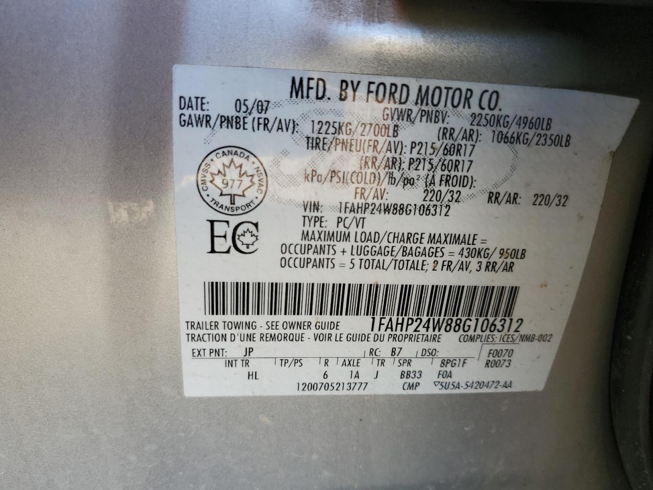 2008 Ford Taurus Sel VIN: 1FAHP24W88G106312 Lot: 65529555