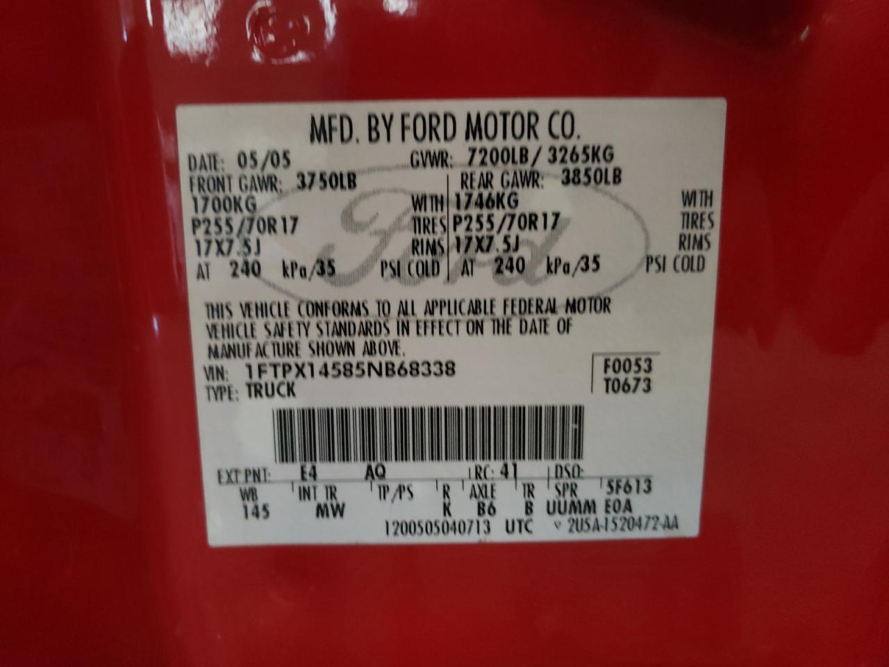 2005 Ford F150 VIN: 1FTPX14585NB68338 Lot: 65170485