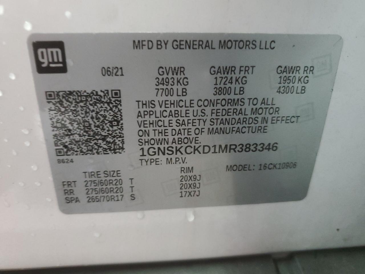 2021 Chevrolet Suburban K1500 Lt VIN: 1GNSKCKD1MR383346 Lot: 64476725