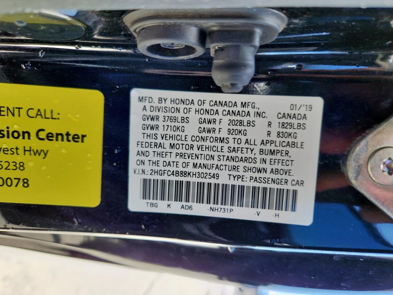 2019 Honda Civic Sport VIN: 2HGFC4B88KH302549 Lot: 64975845