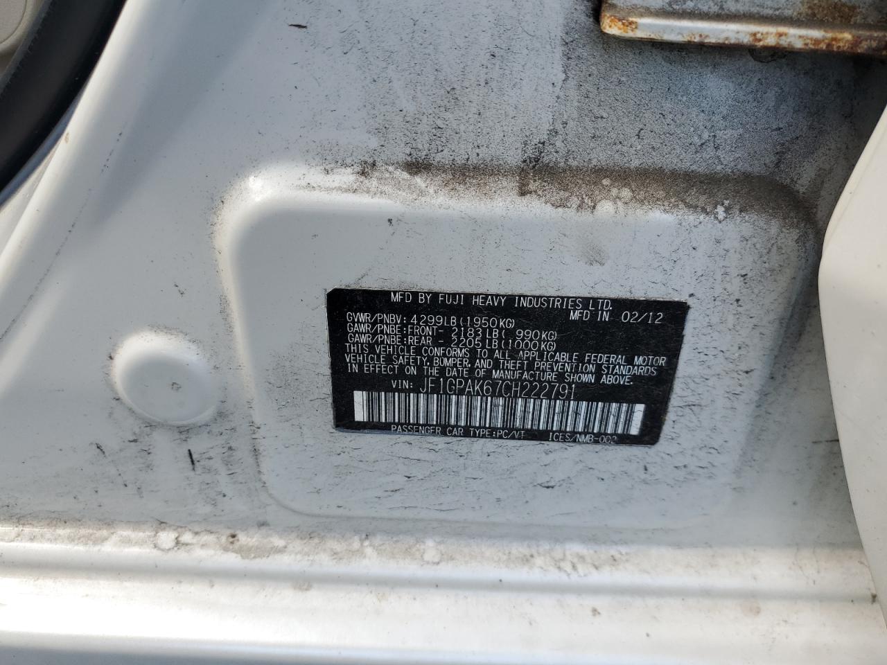 2012 Subaru Impreza Limited VIN: JF1GPAK67CH222791 Lot: 64757905