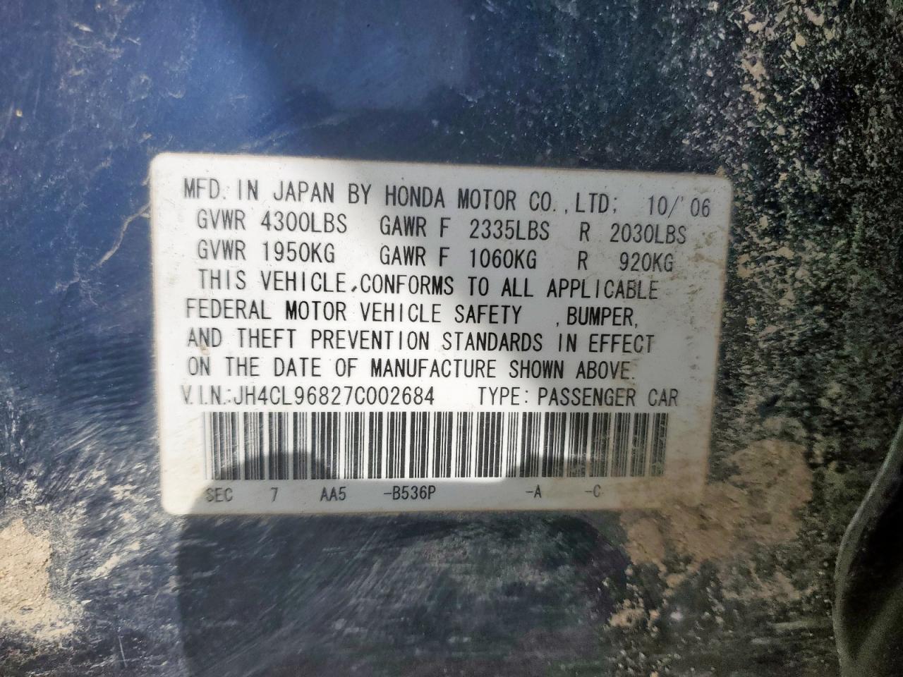 2007 Acura Tsx VIN: JH4CL96827C002684 Lot: 64215825