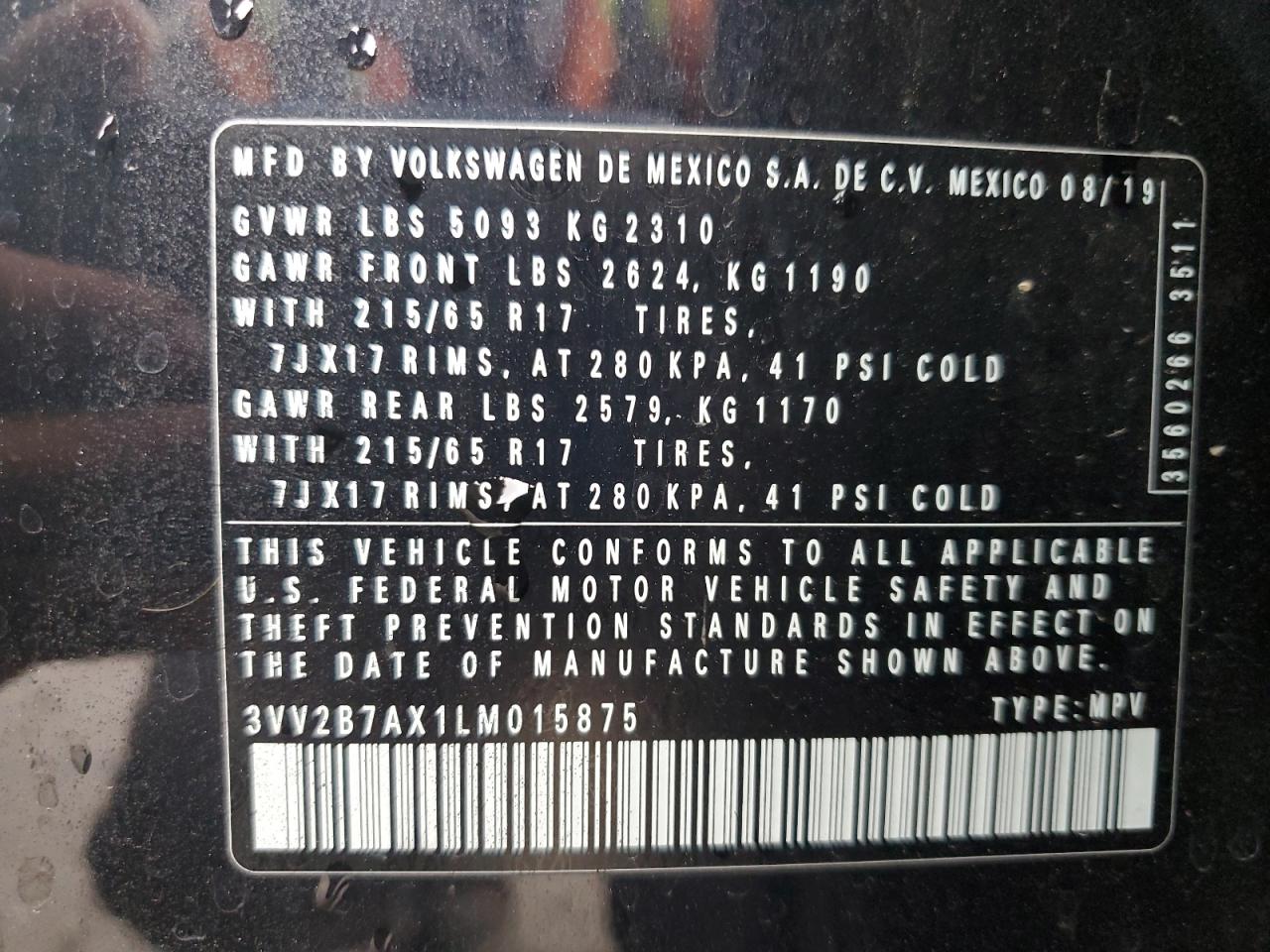 2020 Volkswagen Tiguan Se VIN: 3VV2B7AX1LM015875 Lot: 66726605