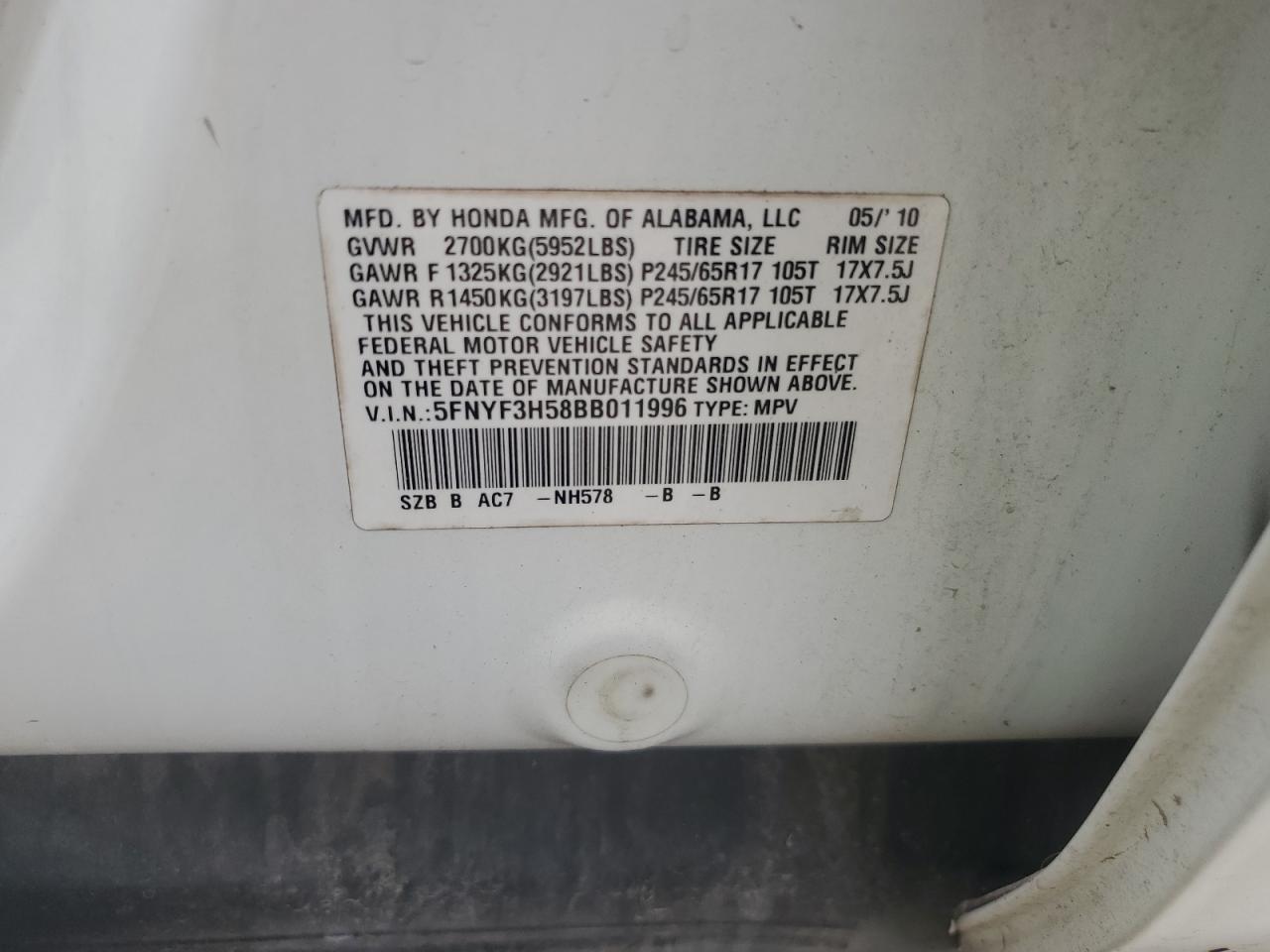 2011 Honda Pilot Exl VIN: 5FNYF3H58BB011996 Lot: 63115175