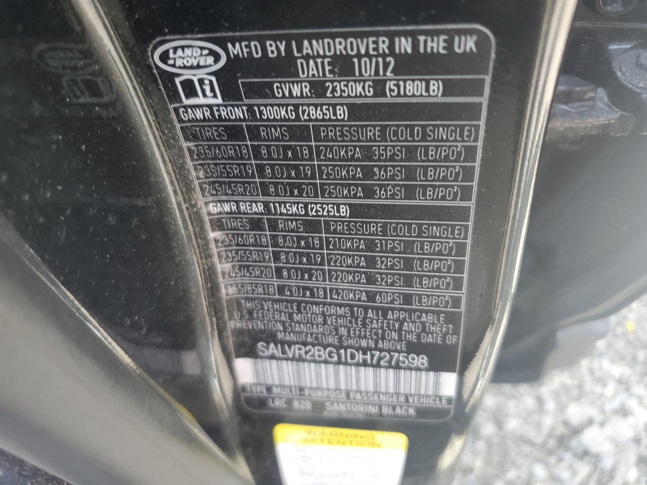 2013 Land Rover Range Rover Evoque Pure Premium VIN: SALVR2BG1DH727598 Lot: 64220315