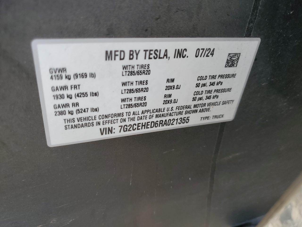 2024 Tesla Cybertruck VIN: 7G2CEHED6RA021355 Lot: 66212285
