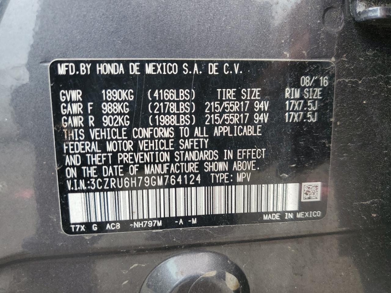 2016 Honda Hr-V Exl VIN: 3CZRU6H79GM764124 Lot: 63686235