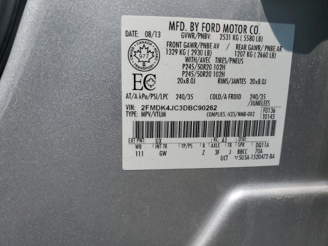 2013 Ford Edge Sel VIN: 2FMDK4JC3DBC90262 Lot: 67231625