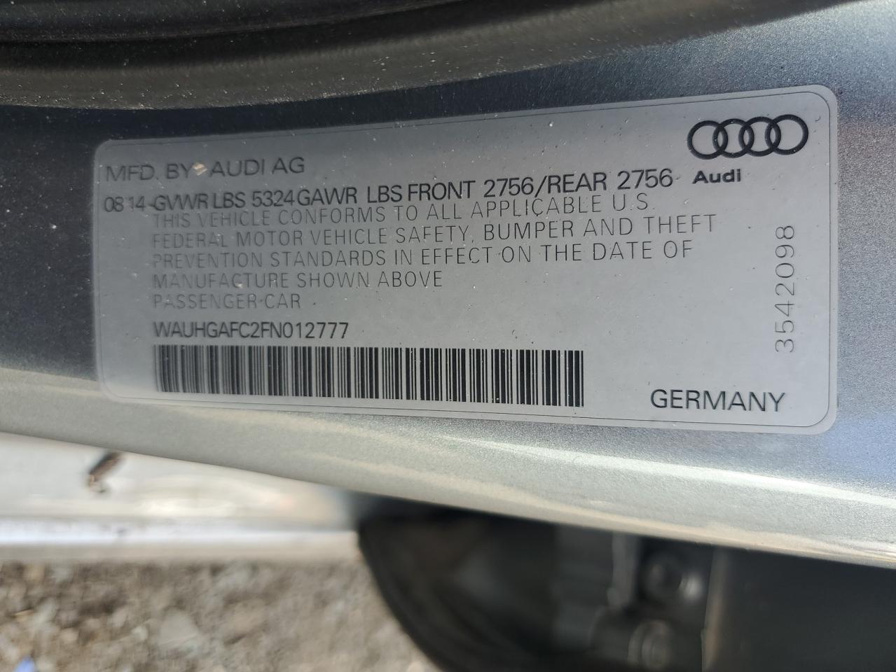 2015 Audi A6 Prestige VIN: WAUHGAFC2FN012777 Lot: 64166135