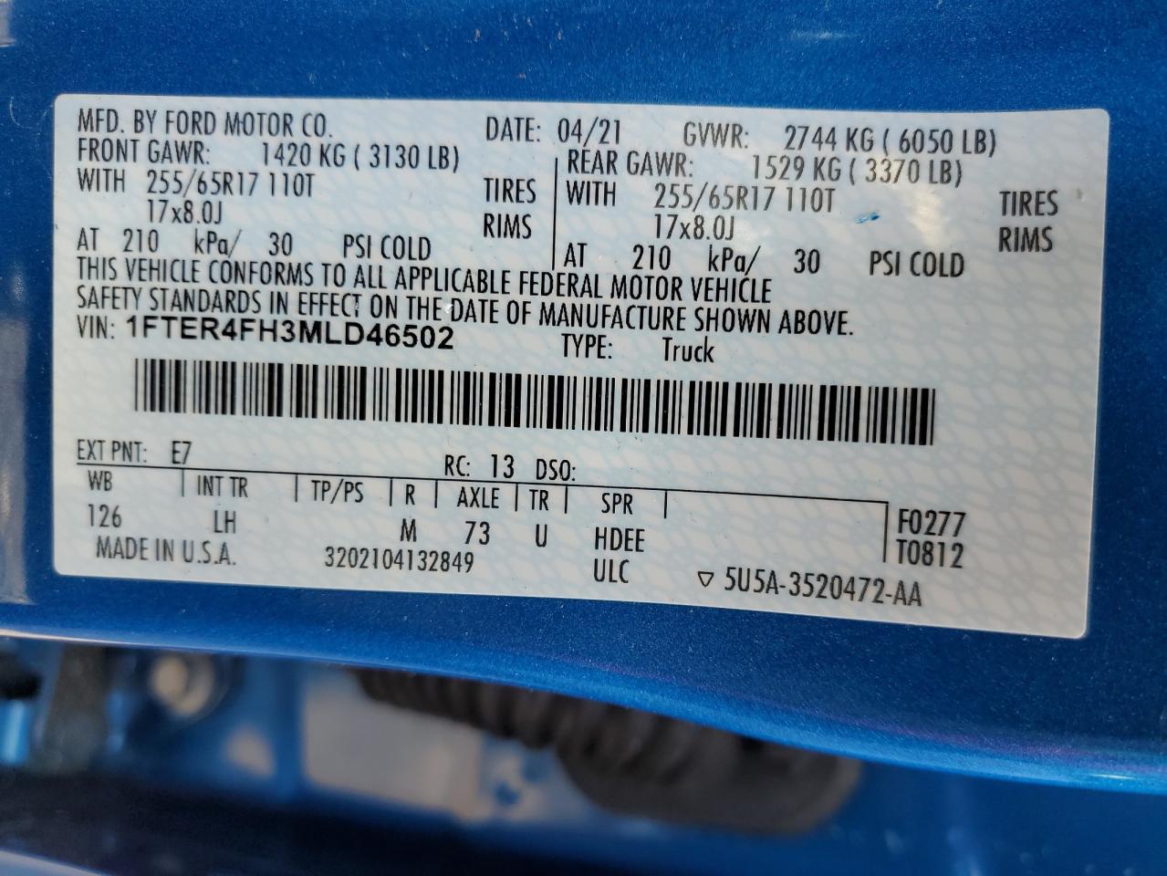 2021 Ford Ranger Xl VIN: 1FTER4FH3MLD46502 Lot: 64080885