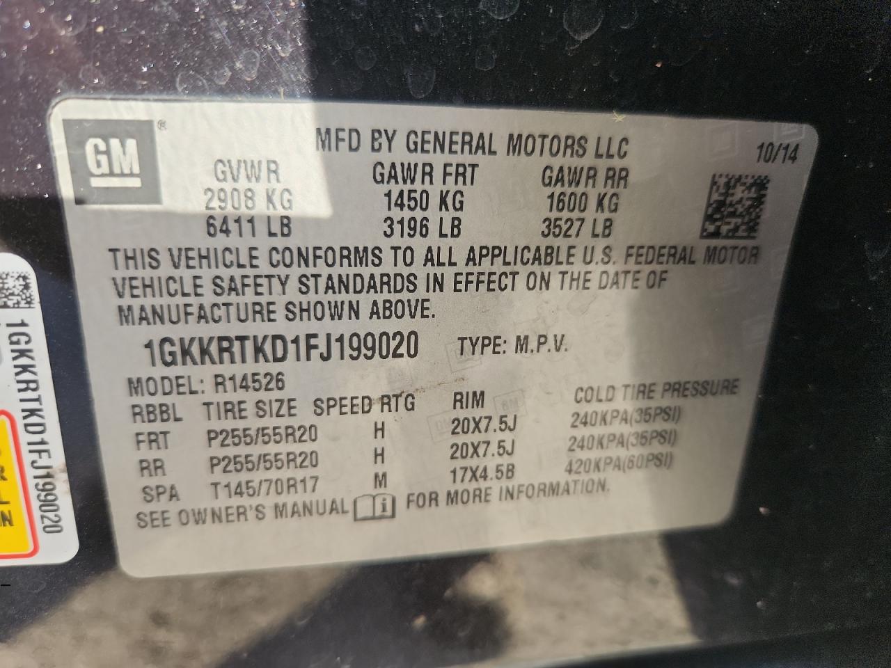 2015 GMC Acadia Denali VIN: 1GKKRTKD1FJ199020 Lot: 65091305