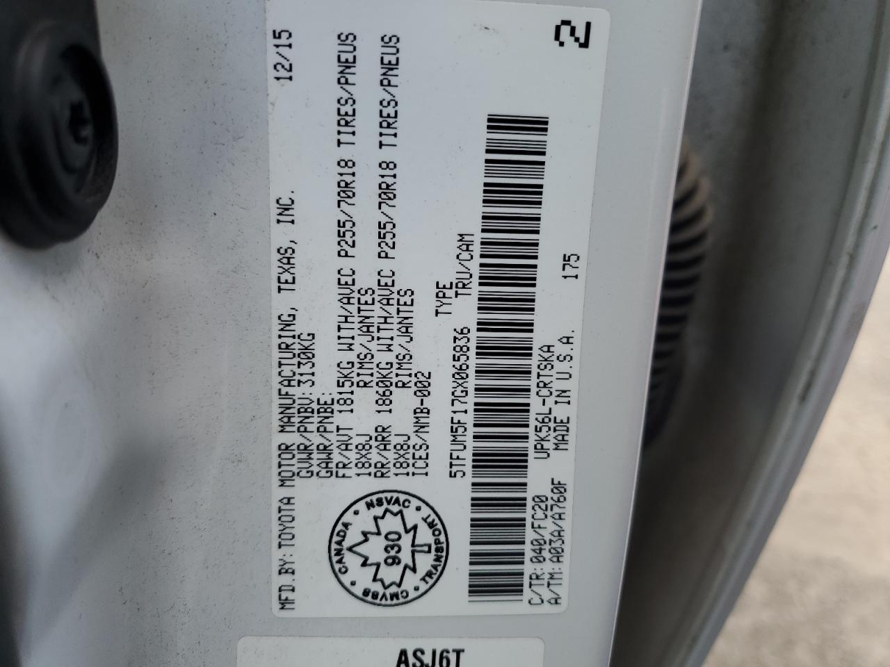 2016 Toyota Tundra Double Cab Sr VIN: 5TFUM5F17GX065836 Lot: 62693325