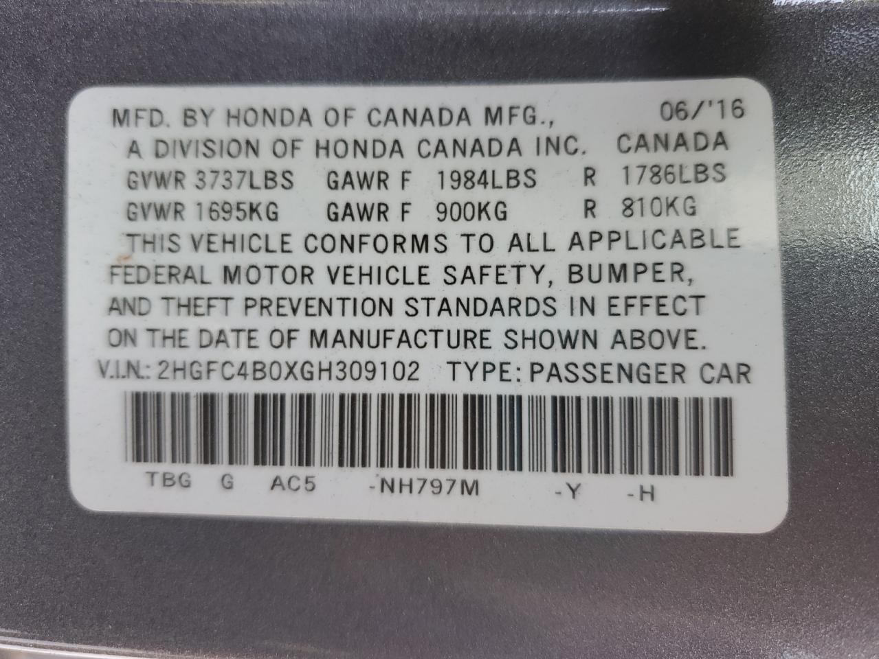 2016 Honda Civic Lx VIN: 2HGFC4B0XGH309102 Lot: 62788505