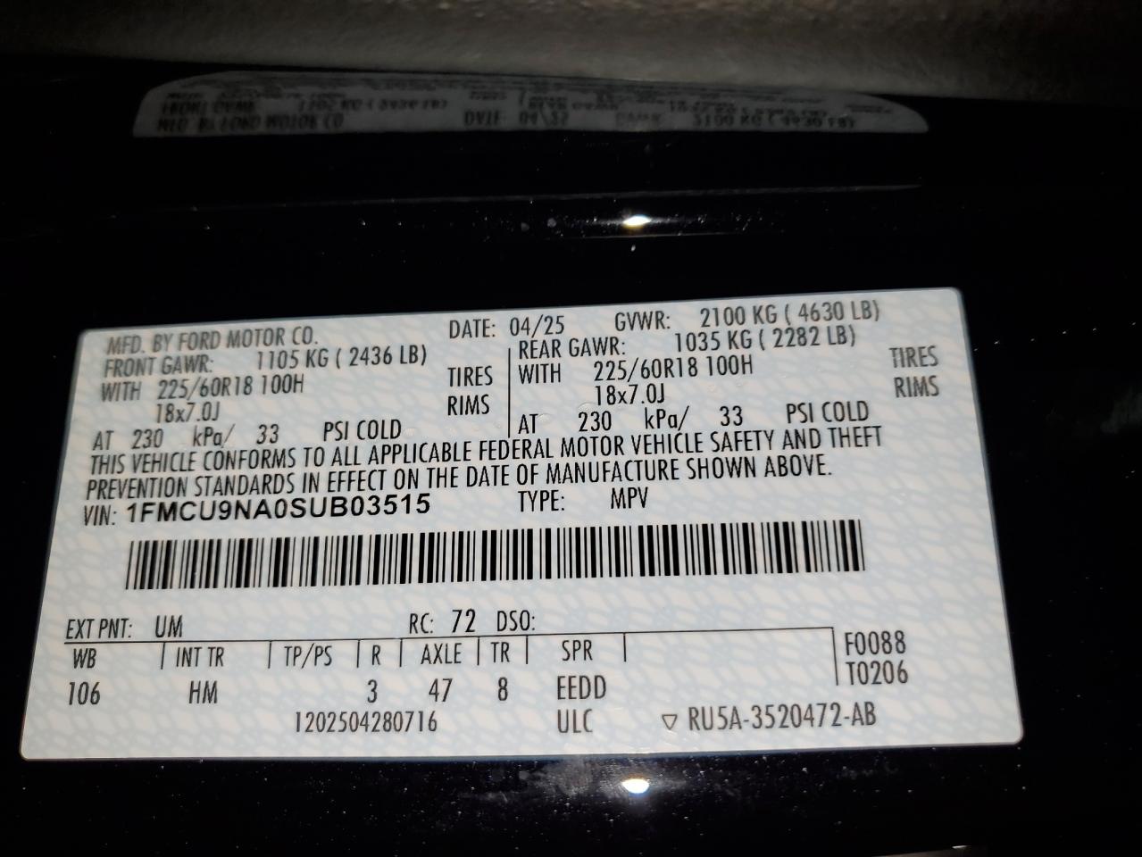 2025 Ford Escape St Line Select VIN: 1FMCU9NA0SUB03515 Lot: 64096145