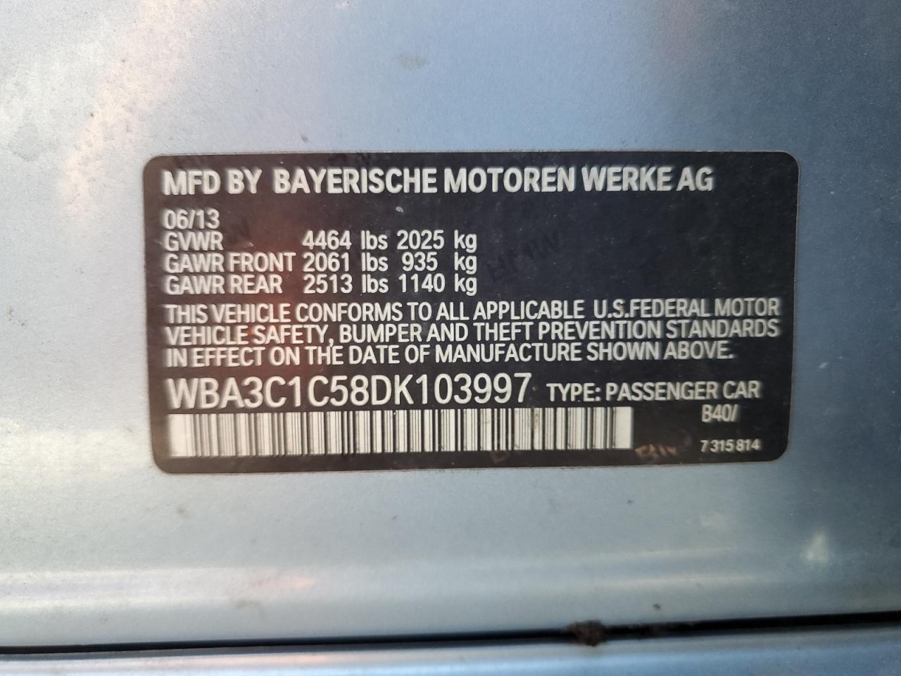 2013 BMW 328 I Sulev VIN: WBA3C1C58DK103997 Lot: 63502965